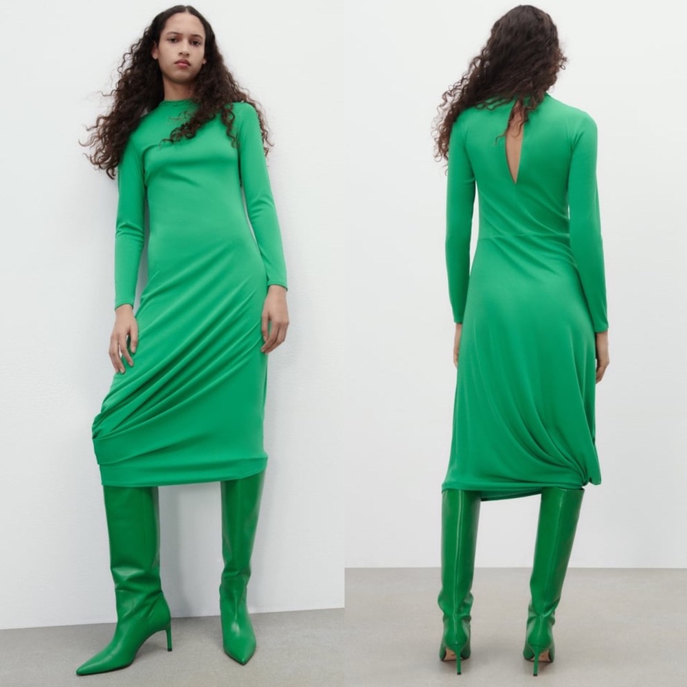 Zara Long Sleeve FLOWY DRAPED DRESS HIGH COLLAR Pleat Detail Asymmetric Hem NEW